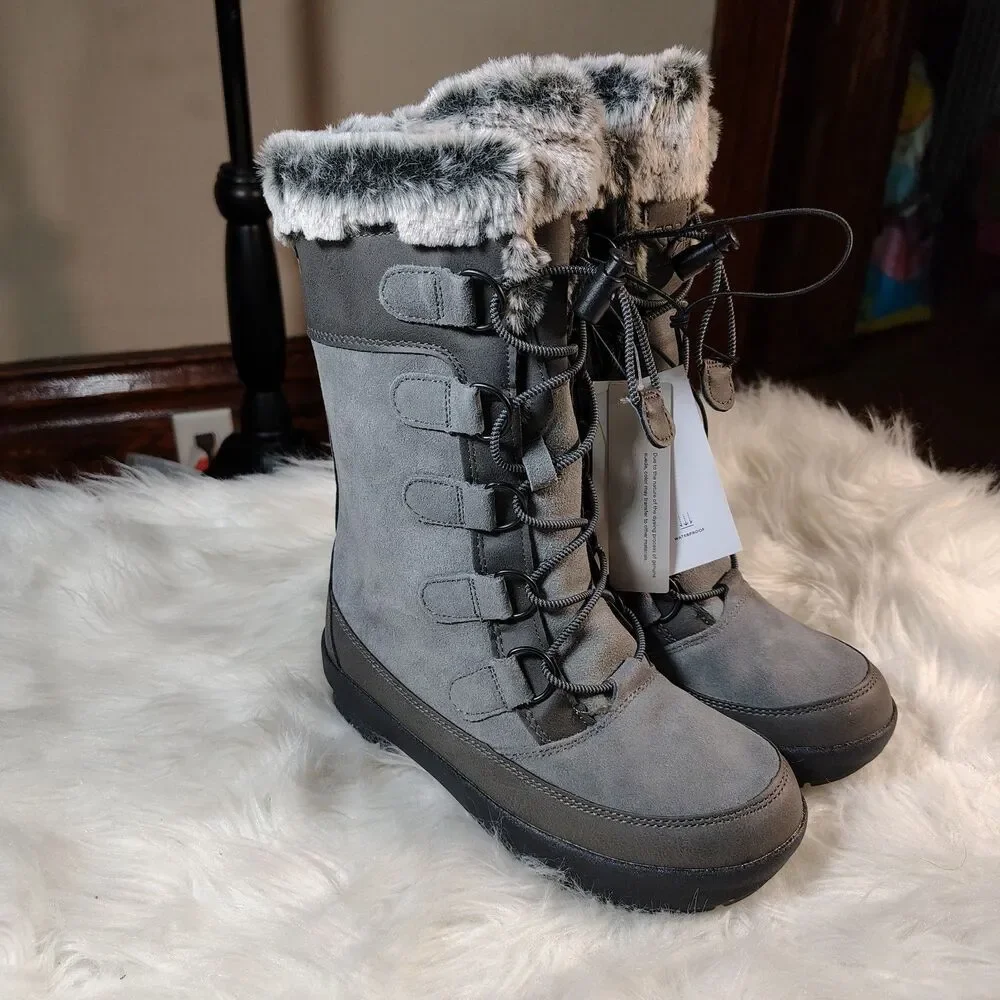 Insulated Winter Boot Grey Suede W Faux Fur Lining All In Motion Girls Sz 1 NWTS